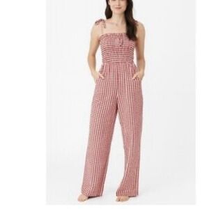 SINCERELY JULES Women's Red White Gingham‎ Check Romper Jumpsuit Pockets Large
